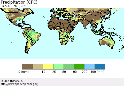 World Precipitation (CPC) Thematic Map For 1/30/2023 - 2/5/2023