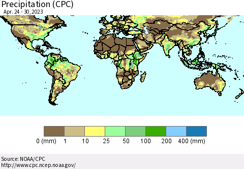 World Precipitation (CPC) Thematic Map For 4/24/2023 - 4/30/2023