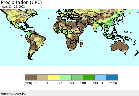 World Precipitation (CPC) Thematic Map For 8/21/2023 - 8/27/2023