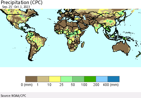 World Precipitation (CPC) Thematic Map For 9/25/2023 - 10/1/2023
