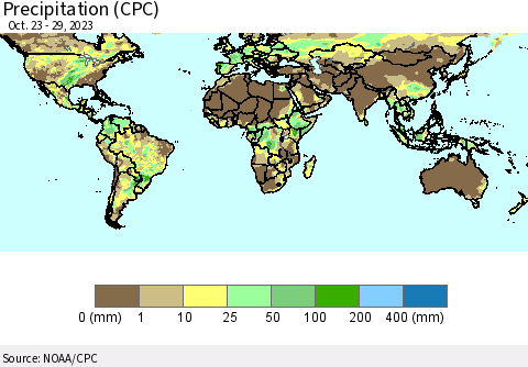 World Precipitation (CPC) Thematic Map For 10/23/2023 - 10/29/2023