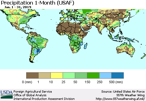 World Precipitation 1-Month (USAF) Thematic Map For 1/1/2019 - 1/31/2019