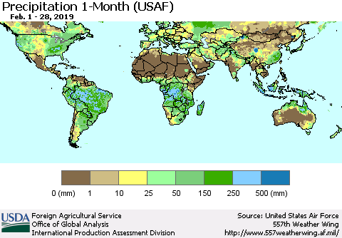 World Precipitation 1-Month (USAF) Thematic Map For 2/1/2019 - 2/28/2019