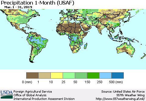 World Precipitation 1-Month (USAF) Thematic Map For 3/1/2019 - 3/31/2019