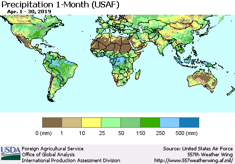 World Precipitation 1-Month (USAF) Thematic Map For 4/1/2019 - 4/30/2019