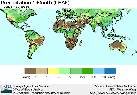 World Precipitation 1-Month (USAF) Thematic Map For 6/1/2019 - 6/30/2019