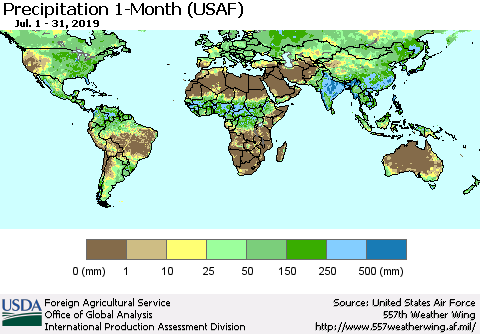 World Precipitation 1-Month (USAF) Thematic Map For 7/1/2019 - 7/31/2019