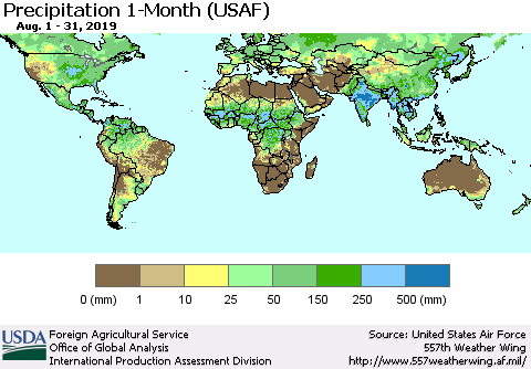 World Precipitation 1-Month (USAF) Thematic Map For 8/1/2019 - 8/31/2019