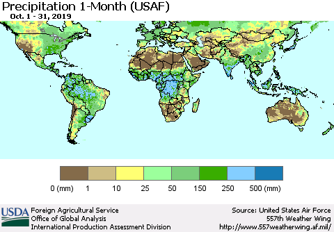 World Precipitation 1-Month (USAF) Thematic Map For 10/1/2019 - 10/31/2019