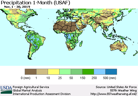 World Precipitation 1-Month (USAF) Thematic Map For 11/1/2019 - 11/30/2019