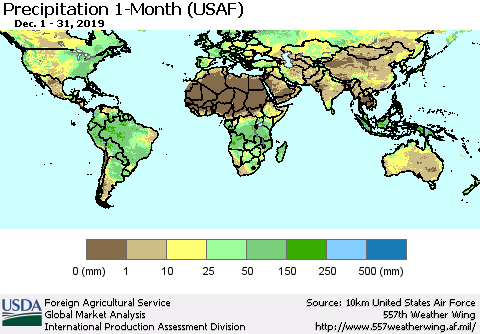 World Precipitation 1-Month (USAF) Thematic Map For 12/1/2019 - 12/31/2019