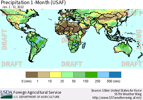 World Precipitation 1-Month (USAF) Thematic Map For 1/1/2022 - 1/31/2022