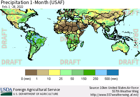 World Precipitation 1-Month (USAF) Thematic Map For 2/1/2022 - 2/28/2022