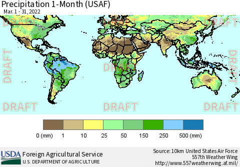 World Precipitation 1-Month (USAF) Thematic Map For 3/1/2022 - 3/31/2022
