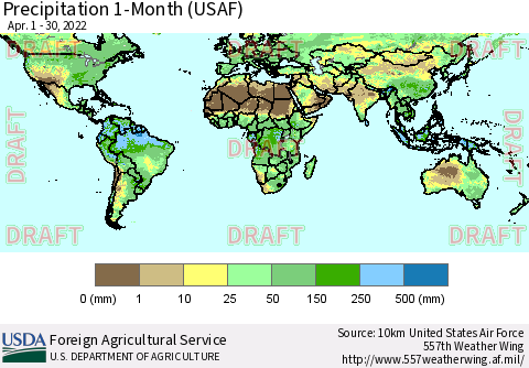 World Precipitation 1-Month (USAF) Thematic Map For 4/1/2022 - 4/30/2022