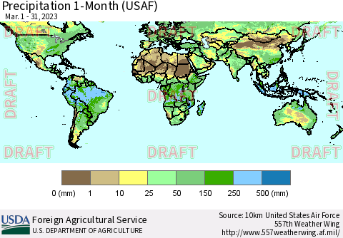 World Precipitation 1-Month (USAF) Thematic Map For 3/1/2023 - 3/31/2023