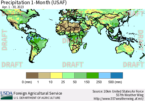 World Precipitation 1-Month (USAF) Thematic Map For 4/1/2023 - 4/30/2023