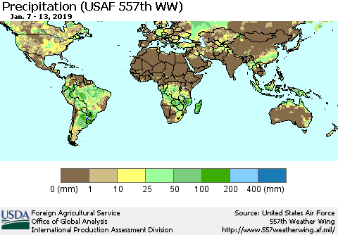 World Precipitation (USAF 557th WW) Thematic Map For 1/7/2019 - 1/13/2019