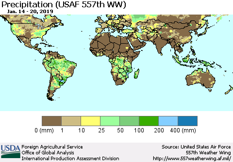 World Precipitation (USAF 557th WW) Thematic Map For 1/14/2019 - 1/20/2019