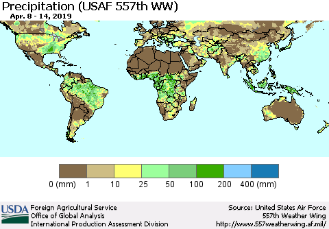 World Precipitation (USAF 557th WW) Thematic Map For 4/8/2019 - 4/14/2019