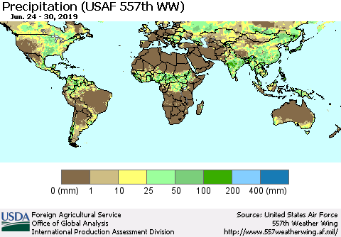 World Precipitation (USAF 557th WW) Thematic Map For 6/24/2019 - 6/30/2019
