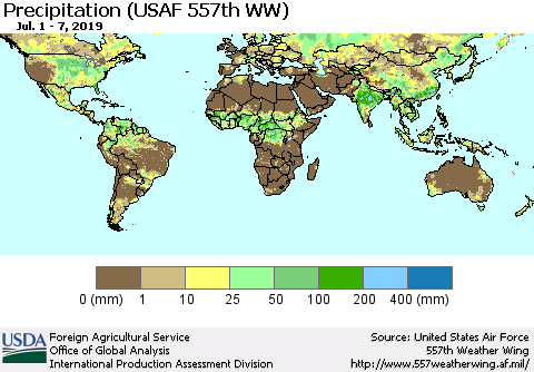 World Precipitation (USAF 557th WW) Thematic Map For 7/1/2019 - 7/7/2019