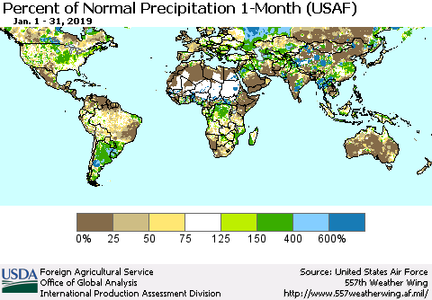 World Percent of Normal Precipitation 1-Month (USAF) Thematic Map For 1/1/2019 - 1/31/2019