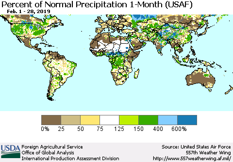 World Percent of Normal Precipitation 1-Month (USAF) Thematic Map For 2/1/2019 - 2/28/2019