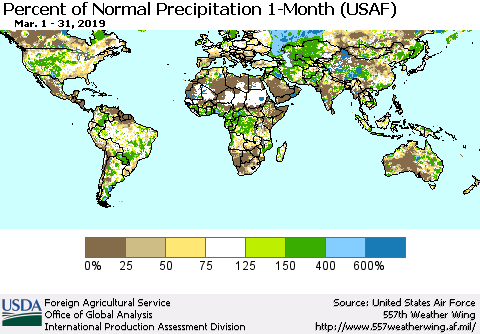 World Percent of Normal Precipitation 1-Month (USAF) Thematic Map For 3/1/2019 - 3/31/2019