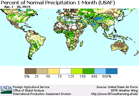 World Percent of Normal Precipitation 1-Month (USAF) Thematic Map For 4/1/2019 - 4/30/2019