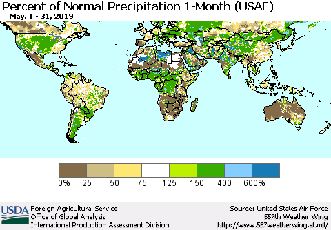 World Percent of Normal Precipitation 1-Month (USAF) Thematic Map For 5/1/2019 - 5/31/2019