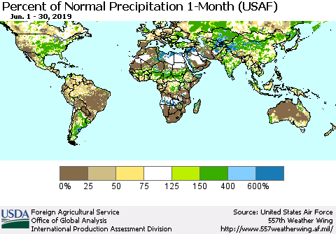 World Percent of Normal Precipitation 1-Month (USAF) Thematic Map For 6/1/2019 - 6/30/2019