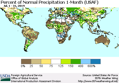 World Percent of Normal Precipitation 1-Month (USAF) Thematic Map For 7/1/2019 - 7/31/2019