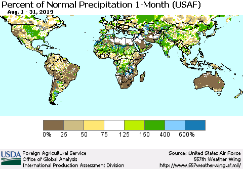 World Percent of Normal Precipitation 1-Month (USAF) Thematic Map For 8/1/2019 - 8/31/2019