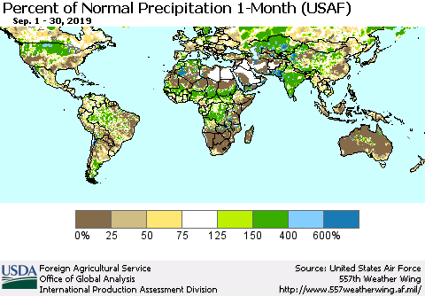 World Percent of Normal Precipitation 1-Month (USAF) Thematic Map For 9/1/2019 - 9/30/2019