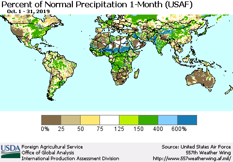 World Percent of Normal Precipitation 1-Month (USAF) Thematic Map For 10/1/2019 - 10/31/2019