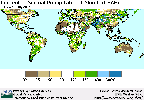 World Percent of Normal Precipitation 1-Month (USAF) Thematic Map For 11/1/2019 - 11/30/2019