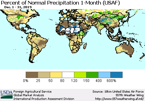 World Percent of Normal Precipitation 1-Month (USAF) Thematic Map For 12/1/2019 - 12/31/2019