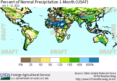 World Percent of Normal Precipitation 1-Month (USAF) Thematic Map For 1/1/2022 - 1/31/2022