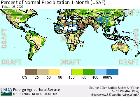 World Percent of Normal Precipitation 1-Month (USAF) Thematic Map For 2/1/2022 - 2/28/2022