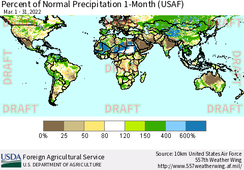 World Percent of Normal Precipitation 1-Month (USAF) Thematic Map For 3/1/2022 - 3/31/2022