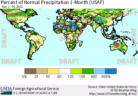 World Percent of Normal Precipitation 1-Month (USAF) Thematic Map For 4/1/2022 - 4/30/2022