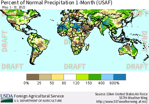 World Percent of Normal Precipitation 1-Month (USAF) Thematic Map For 5/1/2022 - 5/31/2022