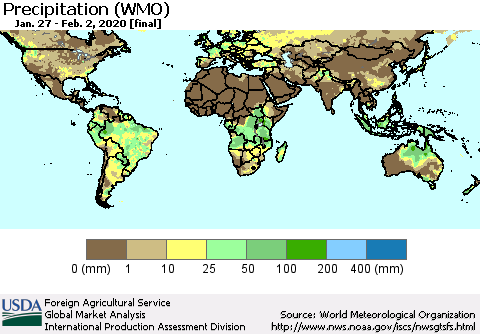 World Precipitation (WMO) Thematic Map For 1/27/2020 - 2/2/2020