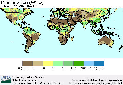 World Precipitation (WMO) Thematic Map For 6/8/2020 - 6/14/2020
