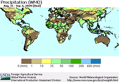 World Precipitation (WMO) Thematic Map For 8/31/2020 - 9/6/2020