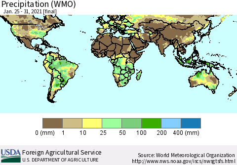 World Precipitation (WMO) Thematic Map For 1/25/2021 - 1/31/2021