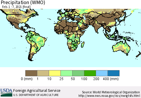 World Precipitation (WMO) Thematic Map For 2/1/2021 - 2/7/2021