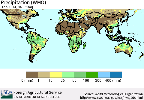 World Precipitation (WMO) Thematic Map For 2/8/2021 - 2/14/2021