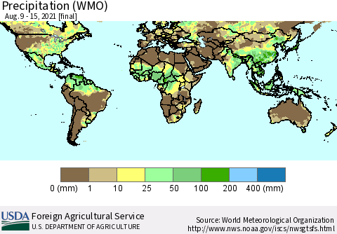 World Precipitation (WMO) Thematic Map For 8/9/2021 - 8/15/2021